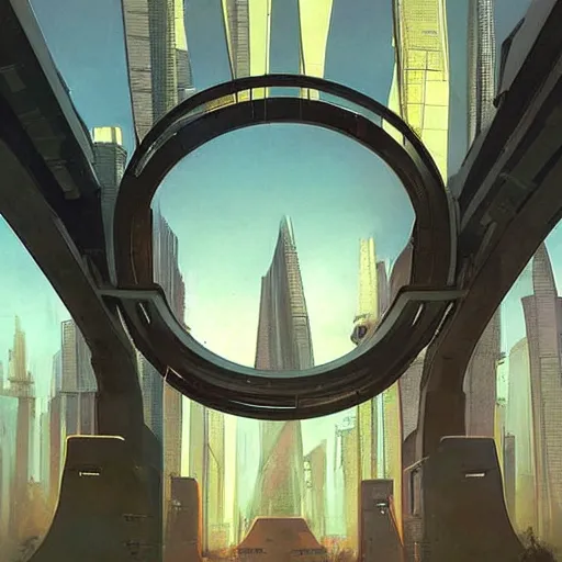 Image similar to overgrown futuristic cityscape located under a bridgeway, world seen only through a portal, daylight, cinematic perspective, cinematic lighting, blue sky, syd mead, john harris, symmetrical