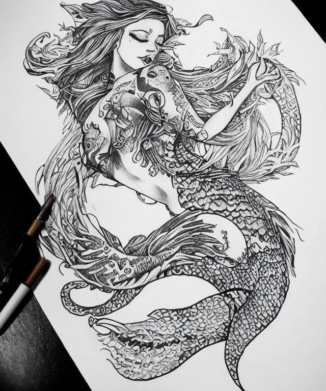 Image similar to tattoo design illustration, black ink on white paper, beautiful mermaid, full body