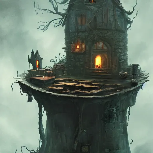 Image similar to interior witch's house with a cauldron smoking, one crow, fantasy art, in the style of greg rutkowski, illustration, epic, fantasy, cinematic, intricate, hyper detailed, artstation, concept art, smooth, sharp focus, ray tracing