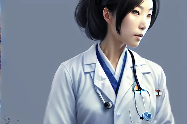 Image similar to a elegant and beautiful japanese female doctor in a white coat in a clinic, cinematic, highly detailed, digital painting, artstation, concept art, matte, sharp focus, illustration, art by artgerm and greg rutkowski