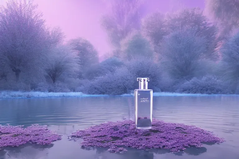 Image similar to perfume bottle standing on lilipads in a cool blue frosted pond, dramatic, mid day, frosty mountain background, soft lilac skies, large scale, hyperrealistic, lots of detail, realistic lighting, octane render, by wlop, artgerm, trending on artstation