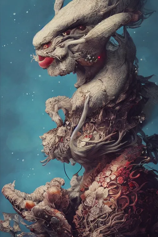 Prompt: a portrait of a japanese strange animal illustrated by miyazaki by karol bak, james jean, tom bagshaw, rococo, sharp focus, trending on artstation, cinematic lighting, hyper realism, octane render, 8 k, hyper detailed, vivid, ultra detailed, highly detailed