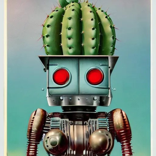 Image similar to WIDE shot of a 1950s retro cactus robot, with space above the head. Bionic Arms and eyes. pop surrealism, muted colours. by Jean-Baptiste Monge, wide shot