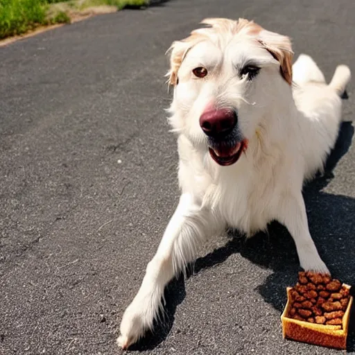 Image similar to dog that has normal human legs for legs, eating wheat treats,