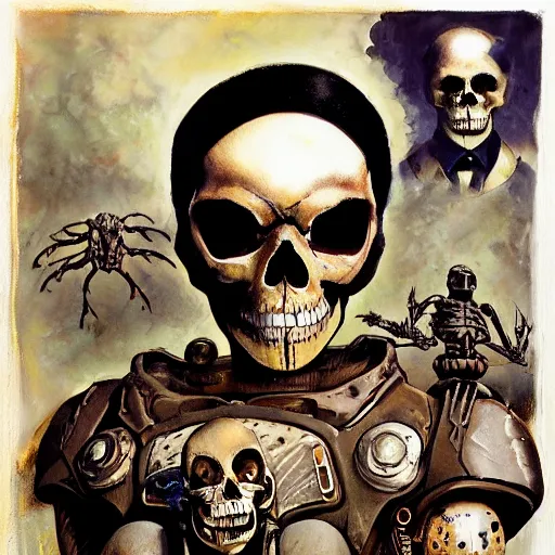 Prompt: A mixed media portrait painting of a skull skeleton punk rockers band, sweat, aesthetic symmetrical face and eyes, photorealistic, model, wet, starship-troopers, pacific-rim-mech in background, eighties pinup style, by Frank Frazetta, Boris Vallejo, Beeple, Greg Rutkowski, Christian MacNevin, epic fantasy character art, high fantasy, CGsociety, exquisite detail, post-processing, masterpiece, cinematic