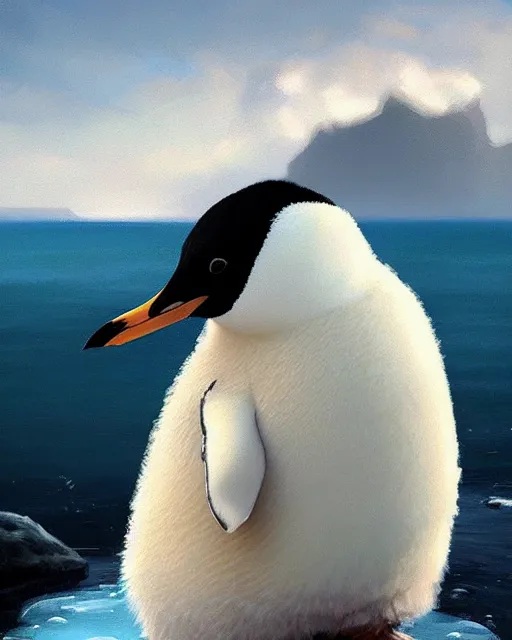 Prompt: epic portrait cinematic shot an fluffy fat penguin, happy, cute, iceberg backround, cloudy, fine details. night setting. realistic shaded lighting poster by craig mullism, artgerm, jeremy lipkin and michael garmash, unreal engine, radiant light, detailed and intricate environment, digital art, trending on art station,