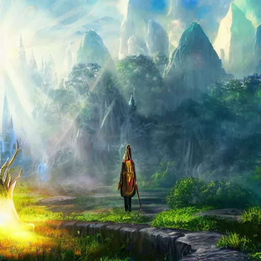 Prompt: a magical wizard in front of a big and mystical of a big and structured fantasy kingdom city, god rays, giant tree, portal to outer space digital art 8k, trending on artstation, anime, unreal engine