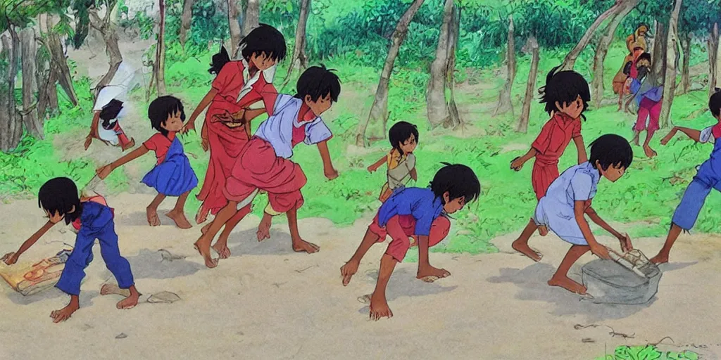 Image similar to sri lankan kids playing, drawn by hayao miyazaki