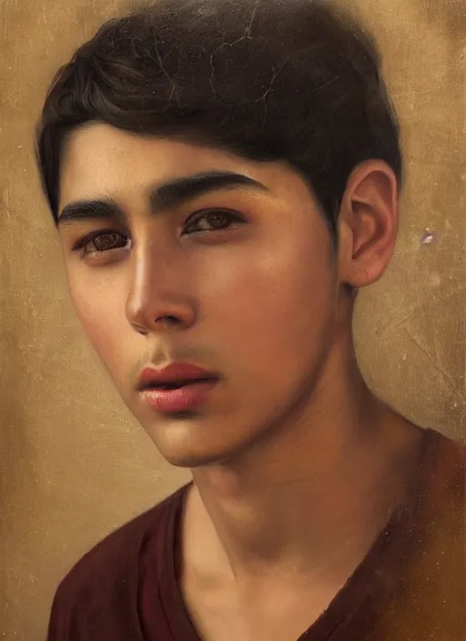 Image similar to portrait of a handsome mexican boy in old jalisco, painting by manuel sanjulian and tom bagshaw, oil on canvas, hyperrealism