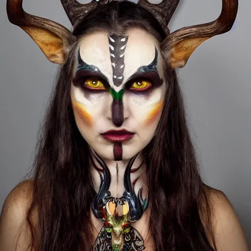 Image similar to tiefling druid with deer antlers growing out of their head and large tribal jewelry and face paint
