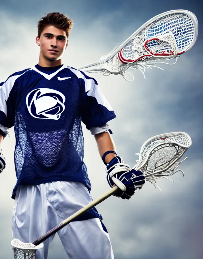 Image similar to closeup portrait of very beautiful cute male lacrosse player in a penn state stadium, glamour pose, particle effects, backlit, highly detailed, soft ambient lighting, sharp focus, rule of thirds, artgerm, wlop, arney freytag, rossdraws, frank frazetta, andrei riabovitchev, hd, octane, 4 k