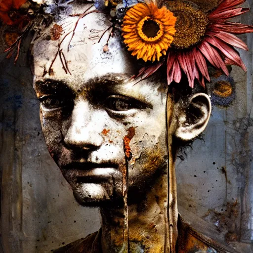 Image similar to a painting of a very ordinary person, by Anselm Kiefer, mixed media, rusted metal, flowers, anatomically correct, beautiful perfect face, sharp focus, Highly Detailed, Cinematic Lighting, octane render, volumetric lighting, post-production, 8k, HD