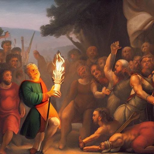 Image similar to a painting of Yair Lapid holding a torch and leading a crowd of people in the style of Michaelangelo