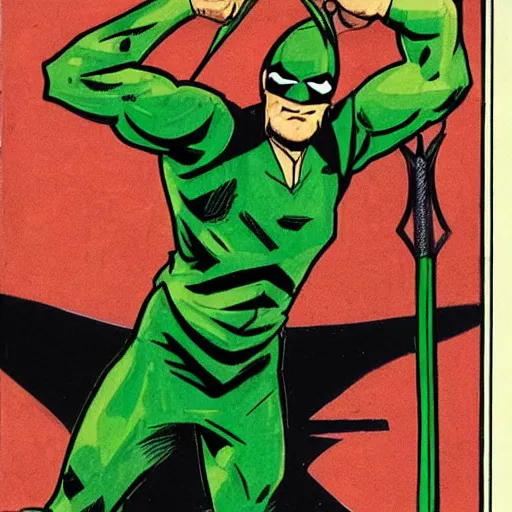 Prompt: The Green Arrow action pose, drawing an arrow from his quiver, comic book cover style