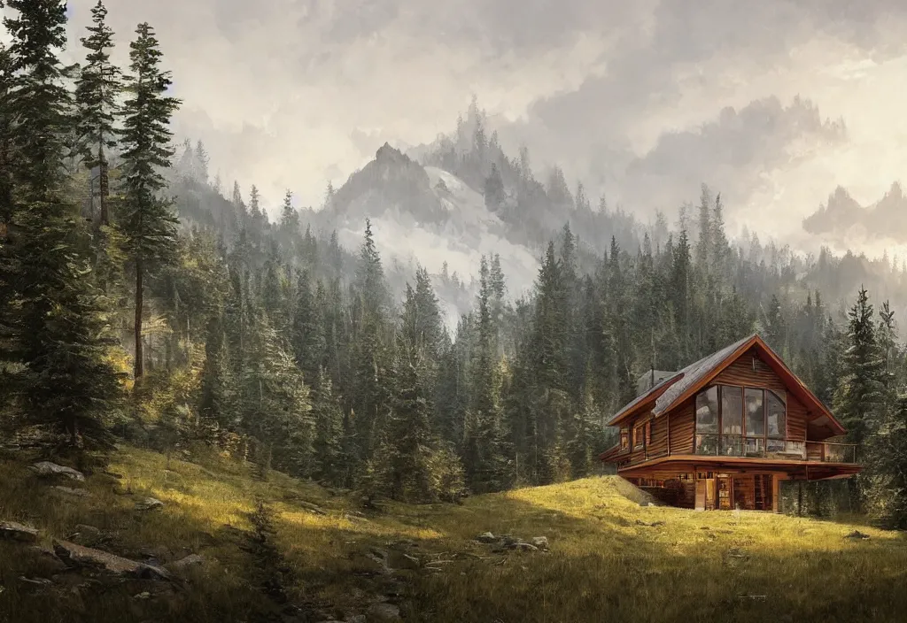 Prompt: a modern large wooden cabin on top of a hill with trees. mountains in the background, artstation, jakub rozalski, high detail