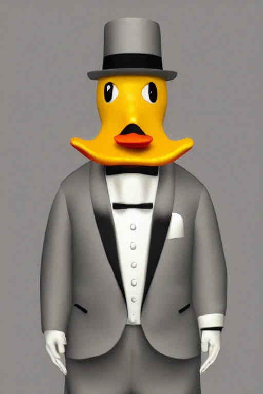 Image similar to man anthropomorphic duck wearing a white tuxedo oil on canvas full shot trending on artstation