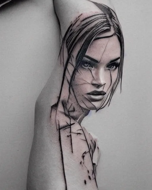 Image similar to creative double exposure effect tattoo design sketch of megan fox faded with beautiful mountain scenery, realism tattoo, in the style of matteo pasqualin, amazing detail, sharp