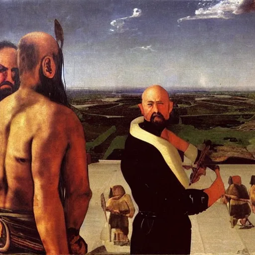 Prompt: Velazquez realistic painting of Gilgamesh the Immortal with the Sumerian city-state of Uruk in the background. As photograph.