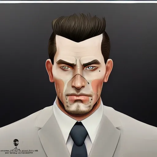 Image similar to a digital painting of a man with facial tattoos and slick hair in a suit and tie, a character portrait by echo chernik, cgsociety, photorealism, ilya kuvshinov, 2 d game art, artstation hd