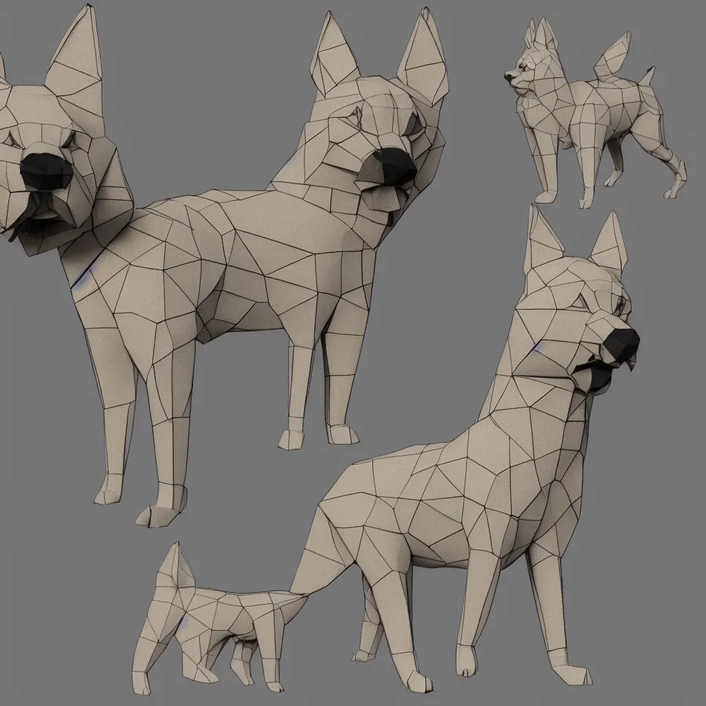 Image similar to 3 d rendering of japanese paper origami of simplified shape of german shepherd, 2 d image