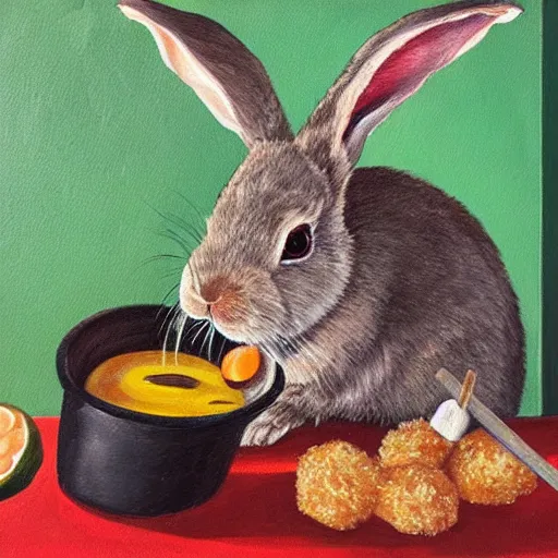 Image similar to a painting of a rabbit drinking tequila and eating croquette in gothic style