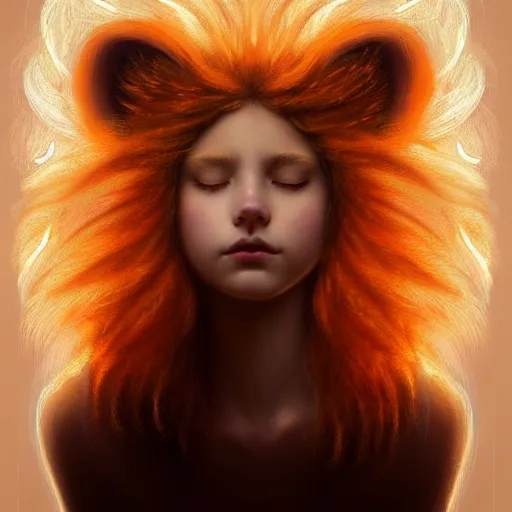 Image similar to Portrait of a girl angel with pale orange colored frizzy strands of illuminated hair, cat ears on her head, glowing halo, Lion's Mane, Lion's Gate, fantasy, intricate, elegant, highly detailed, digital painting, artstation, concept art, smooth, sharp focus, illustration, art by Krenz Cushart and Artem Demura and alphonse mucha