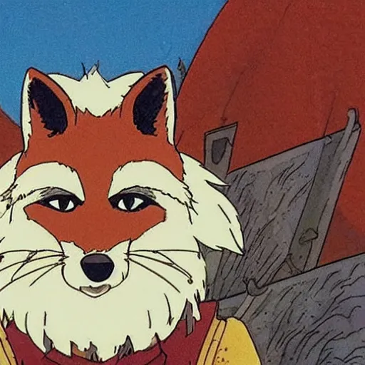 Image similar to a fox with a wry expression wearing full plate armor, by Studio Ghibli and Hayao Miyazaki