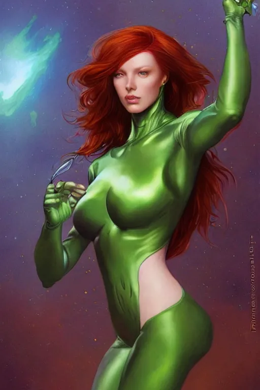 Image similar to Redhead alien human beautiful hybrid feminine woman with green eyes and a roundish nose as a futuristic heroine, digital painting, artstation, concept art, smooth, sharp focus, illustration, art by artgerm and donato giancola and Joseph Christian Leyendecker, Ross Tran, WLOP