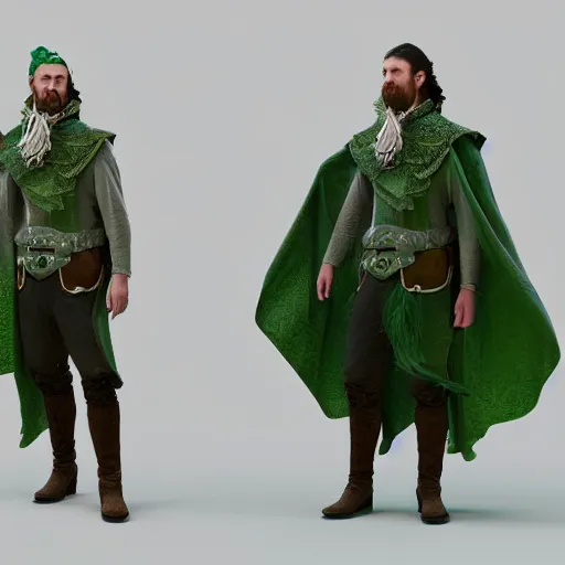 Image similar to western fantasy bard style clothing design, green tones, dark green cape,. artstation, volumetric light, detailed, photorealistic, fantasy, rendered in octane