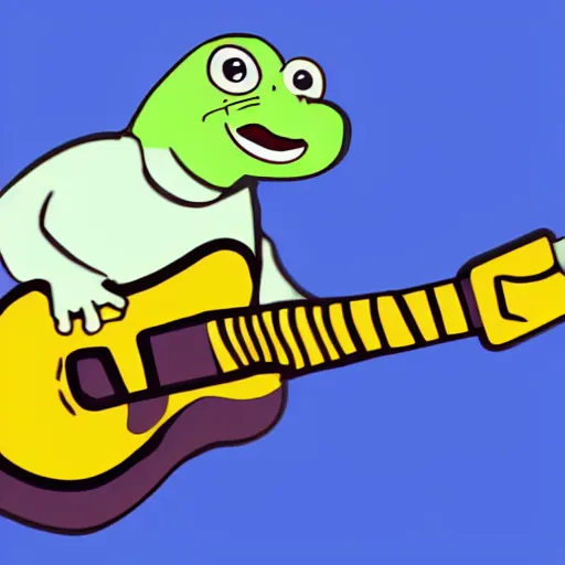 Image similar to salamander playing guitar, rubber hose animation style, cup head style