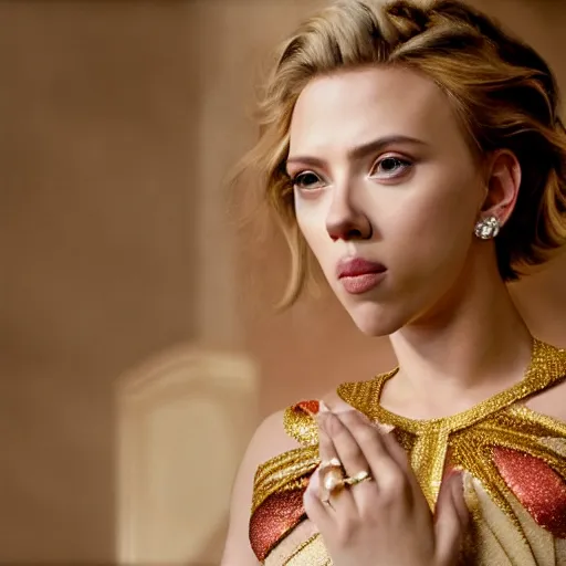 Image similar to scarlett johansson dressed as a greek goddess in front of a ring of sapphire rose ring, ornate gold border, vignette, warm tri - color, subtle chromatic aberration, painted by francis goya