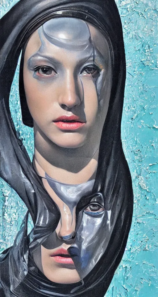 Prompt: hyperrealism oil painting, close-up portrait of black nun fashion model, melted cyborg, ocean pattern mixed with star sky, in style of classicism mixed with 70s japan book art