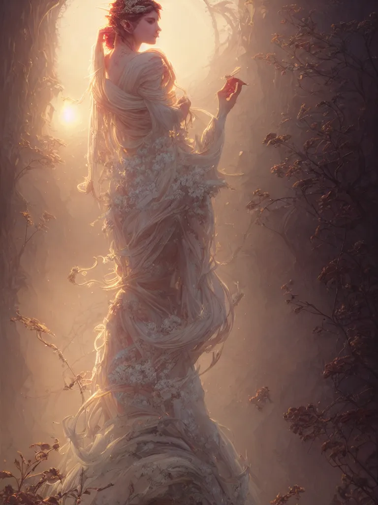 Image similar to highly detailed portrait of beautiful ethereal woman in ornate clothing, stephen bliss, unreal engine, fantasy art by greg rutkowski, loish, rhads, ferdinand knab, makoto shinkai and lois van baarle, ilya kuvshinov, rossdraws, tom bagshaw, global illumination, radiant light, detailed and intricate environment