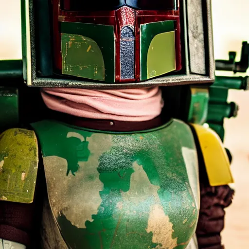 Image similar to 50mm portrait of female Bobafett at Mos Eisley spaceport