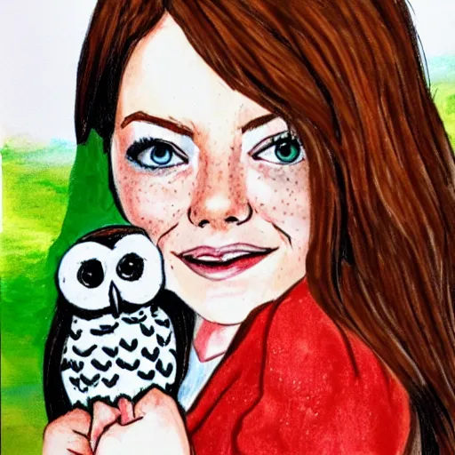 Prompt: childrens drawing of emma stone with owls,