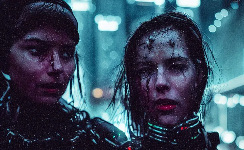 Image similar to cinestill 5 0 d candid photographic portrait by steven spielberg of two loving female androids sobbing wearing rugged black mesh techwear in treacherous waters, flooded city, medium closeup, retrofuturism cyberpunk moody emotional cinematic, pouring iridescent rain bright spotlight helicopter, 8 k, hd, high resolution, 3 5 mm, f / 3 2, ultra realistic faces, ex machina