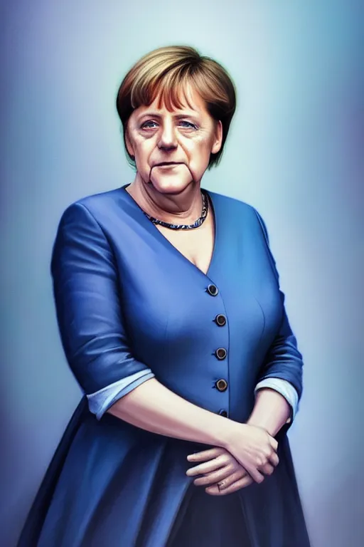 Prompt: angela merkel in a thin blue dress, realistic portrait, symmetrical, highly detailed, digital painting, artstation, concept art, smooth, sharp focus, illustration, cinematic lighting, art by artgerm and greg rutkowski and alphonse mucha