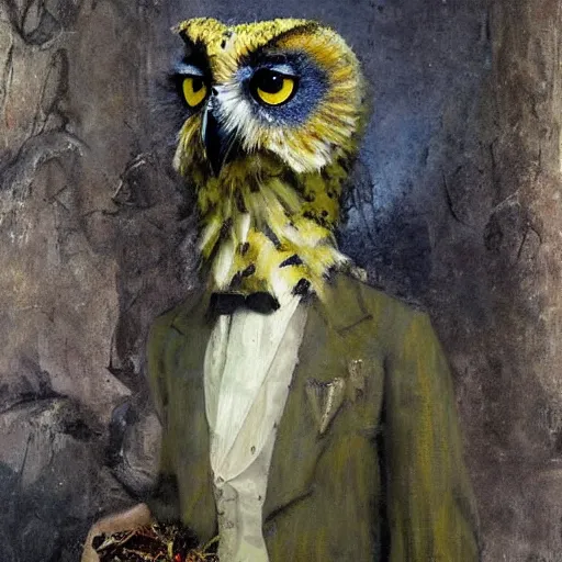 Prompt: shredded physique feathered tall neck beak Portrait of Henry James camouflaged as Owl whilst wearing a yellow tuxedo Standing atop a Garbage Truck Greg Rutkowski Vik Muniz clarence holbrook carter Andrew Wyeth Dan Witz