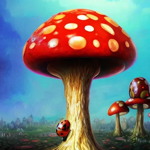 Image similar to 4 k headshot portrait of a psychedelic demonic anthropomorphic ladybug with mushroom themed clothes, magic mushroom village in background by jeff easley, award winning, stylized neon, post - processing, masterpiece, superb resolution. in the art style of junji ito and greg rutkowski. detailed mushroom city in background. hyper realistic anime. perfect art. dalle 2