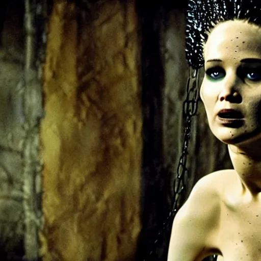 Image similar to jennifer lawrence as the bride of frankenstein, color photography, sharp detail, confused, still from the movie underworld