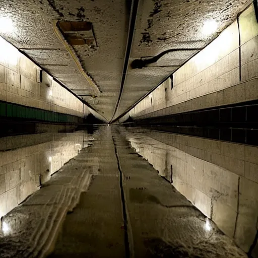 Prompt: flooded subway liminal space, uneasy, old signage, pristine tiling, foreboding, trending on / r / creepy