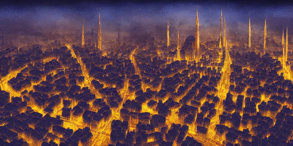 Image similar to magical city of the Great Tartarian Empire adorned with amazing lost technology, lights resembling fireflies, spires from rooftops collecting and distributing etheric energy, cityscape seen at night from above, combining intense detail & utmost quality, Christian Hecker, Artstation, - H 832