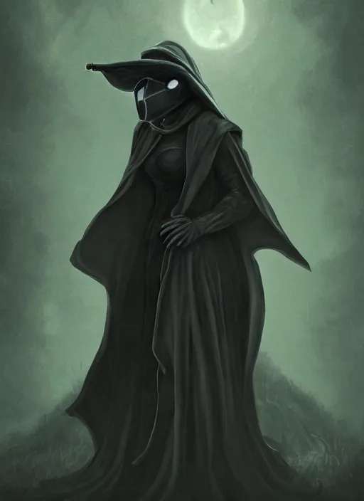 Image similar to a highly detailed illustration of plague doctor mask wearing woman, wearing black robe, eerily floating with cape in the wind pose, surrounded by green mist background, intricate, elegant, highly detailed, centered, digital painting, artstation, concept art, smooth, sharp focus, league of legends concept art, WLOP