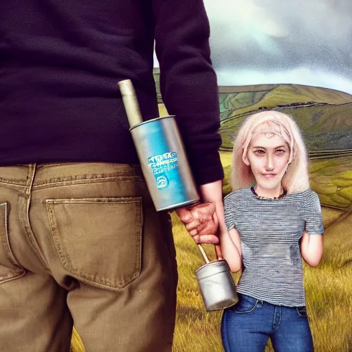 Image similar to a highly detailed portrait from behind of a young couple, holding a tin can, remote icelandic village, summer, jeans and t shirt, blonde hair, muted colors, hyper realistic, extremely realistic, realistic, by tom bagshaw, trending on artstation,