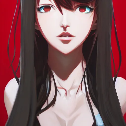 Image similar to kurisu makise, elegant, ultra highly detailed, digital painting, smooth, sharp focus, artstation, top-down shot, red background, art by Ina Wong