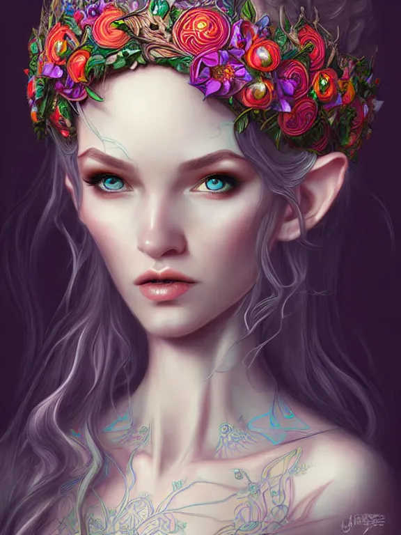 Image similar to digital art, centered elven bride, vivid flower crown ,intricate, veins, by James Jean and by artgerm , ultradetailed, charachter design, concept art, trending on artstation,