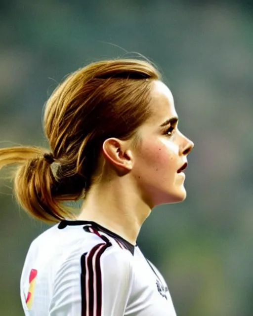 Image similar to a portrait of emma watson as a lokomotiv football player, hyper realistic