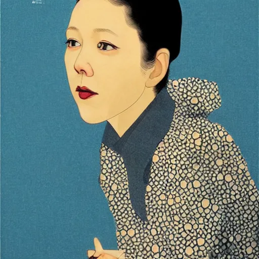 Image similar to “ maggie gyllenhaal portrait by ikenaga yasunari and ayana otake and ko rakusui, 6 0 s poster, drawing, realistic, sharp focus, japanese, dreamy, nostalgia, faded, golden hues, floral clothes, porcelain skin ”