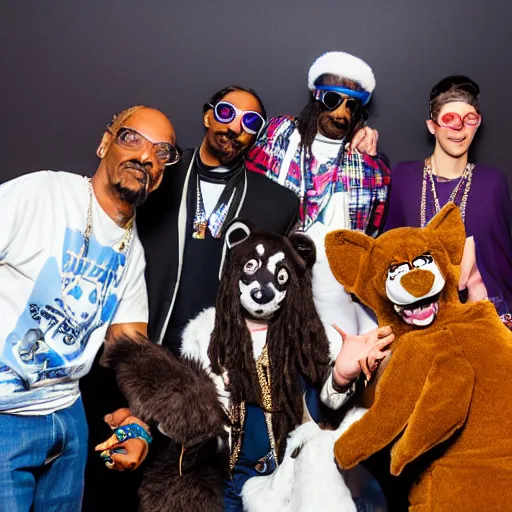 Prompt: snoop dogg taking a photo with fursuiters at a furry convention, 4 k photography