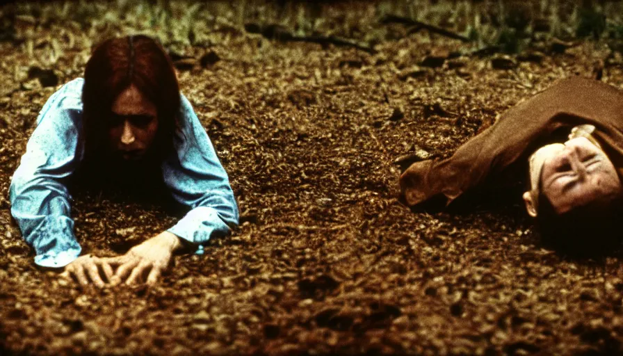 Image similar to 7 0 s film still from a horror movie about a person crawling out of a grave, kodachrome, cinecolor, cinestill, film grain, film texture, retro, cinematic, high resolution, photorealism,